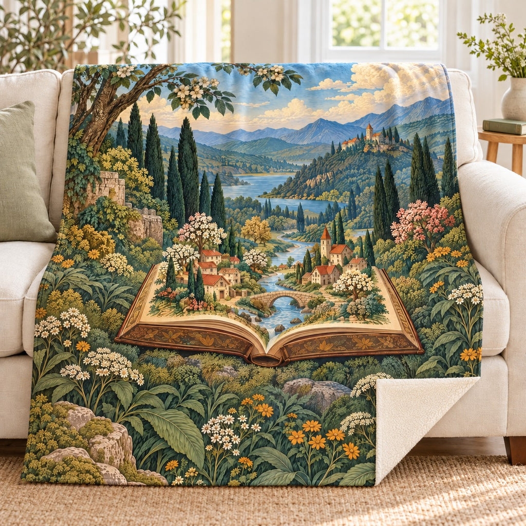 The Fairy-Tale Village blanket, on a sofa