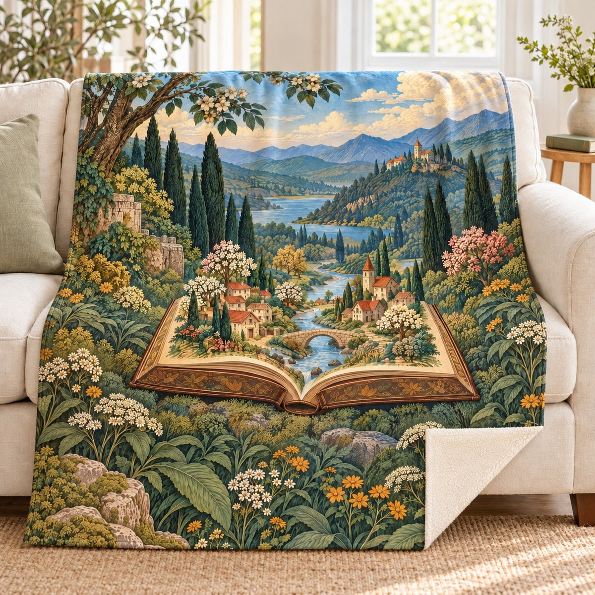 The Fairy-Tale Village blanket, on a sofa