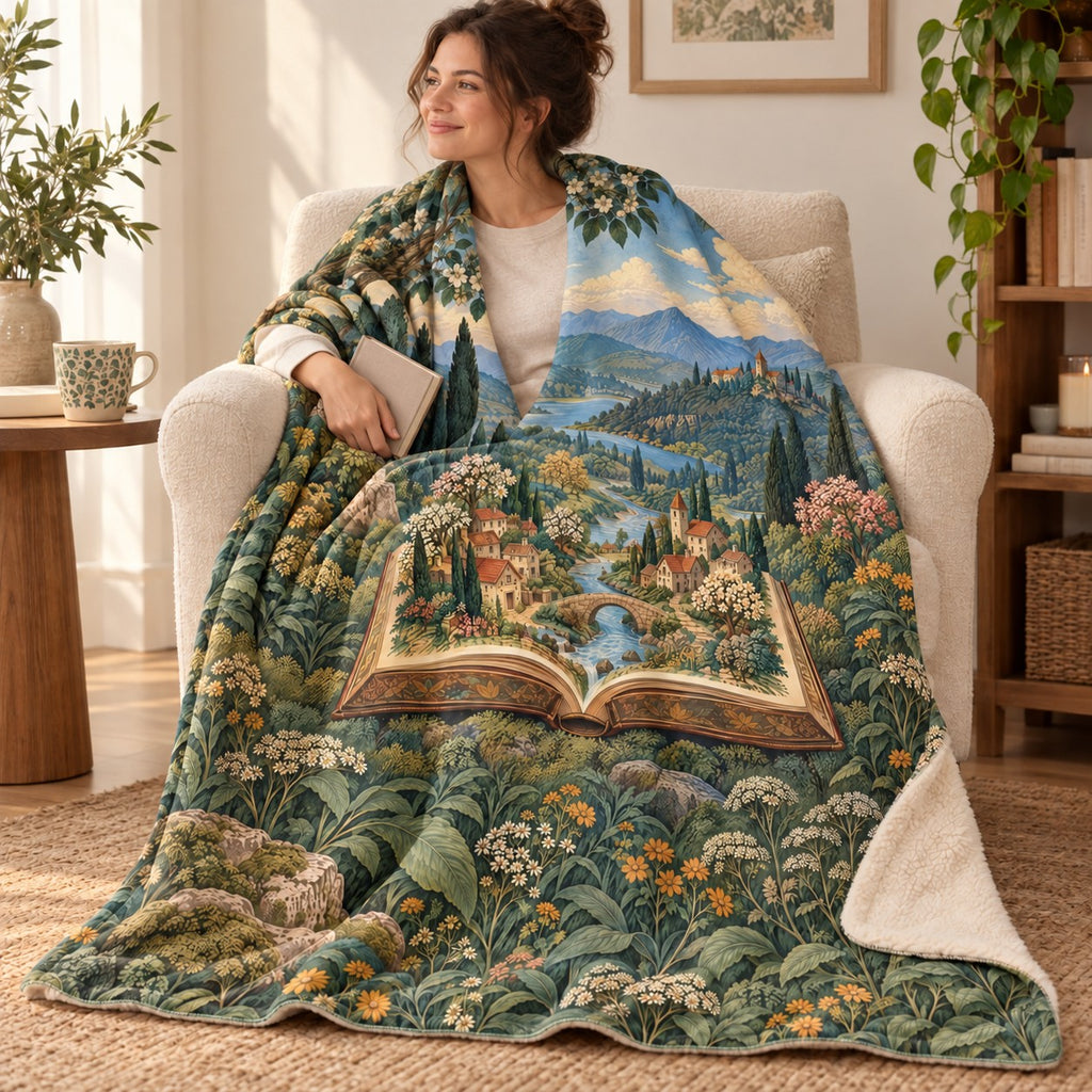 The Fairy-Tale Village blanket, wrapped around a reader