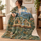 The Fairy-Tale Village blanket, wrapped around a reader