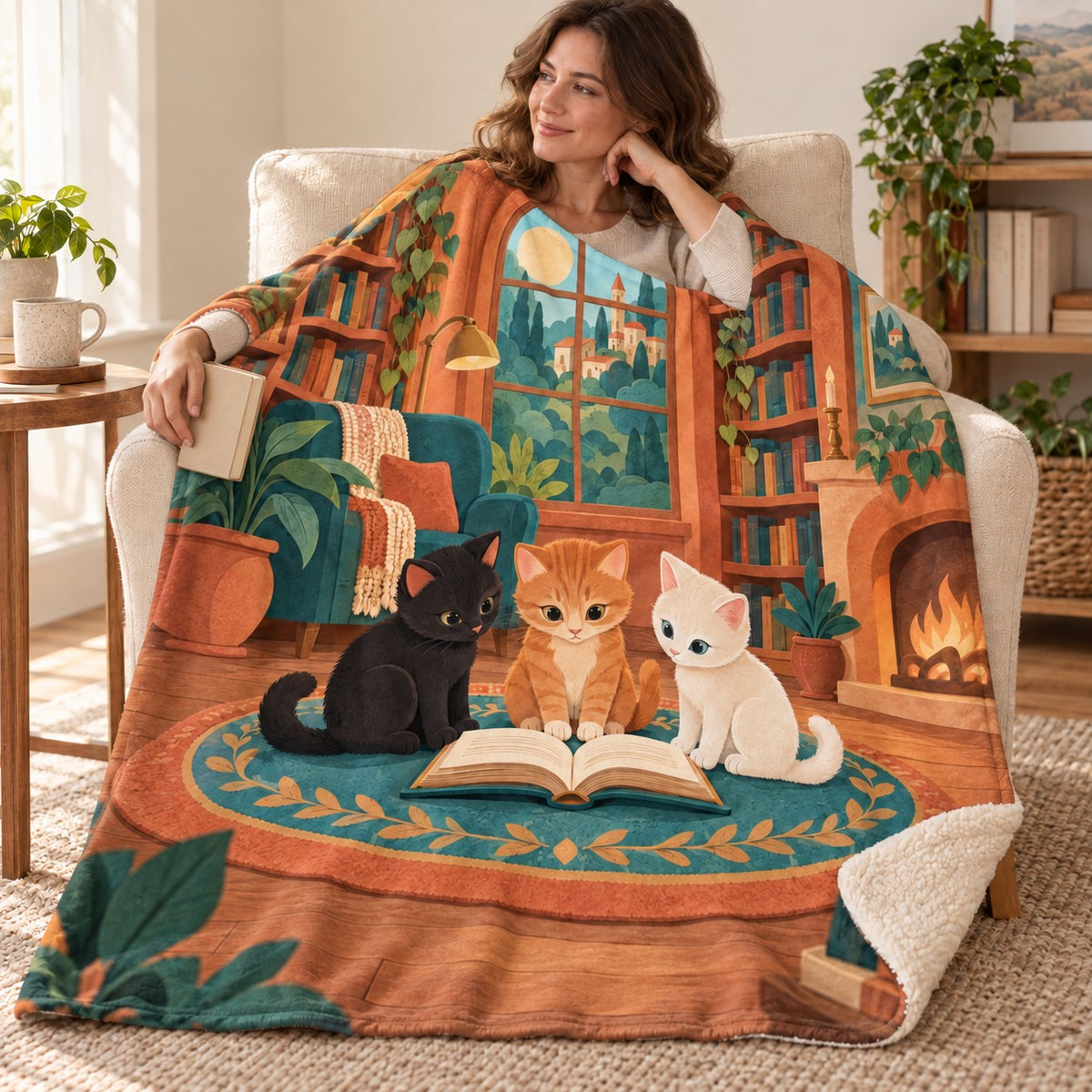 The Book Club blanket, wrapped around a reader