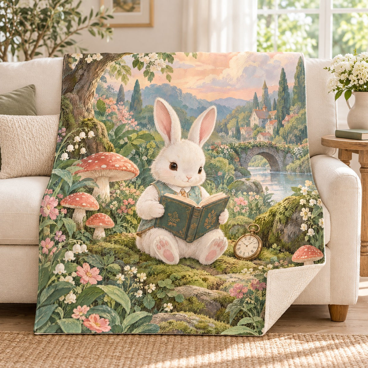 The White Rabbit's Reading Break blanket, on a sofa