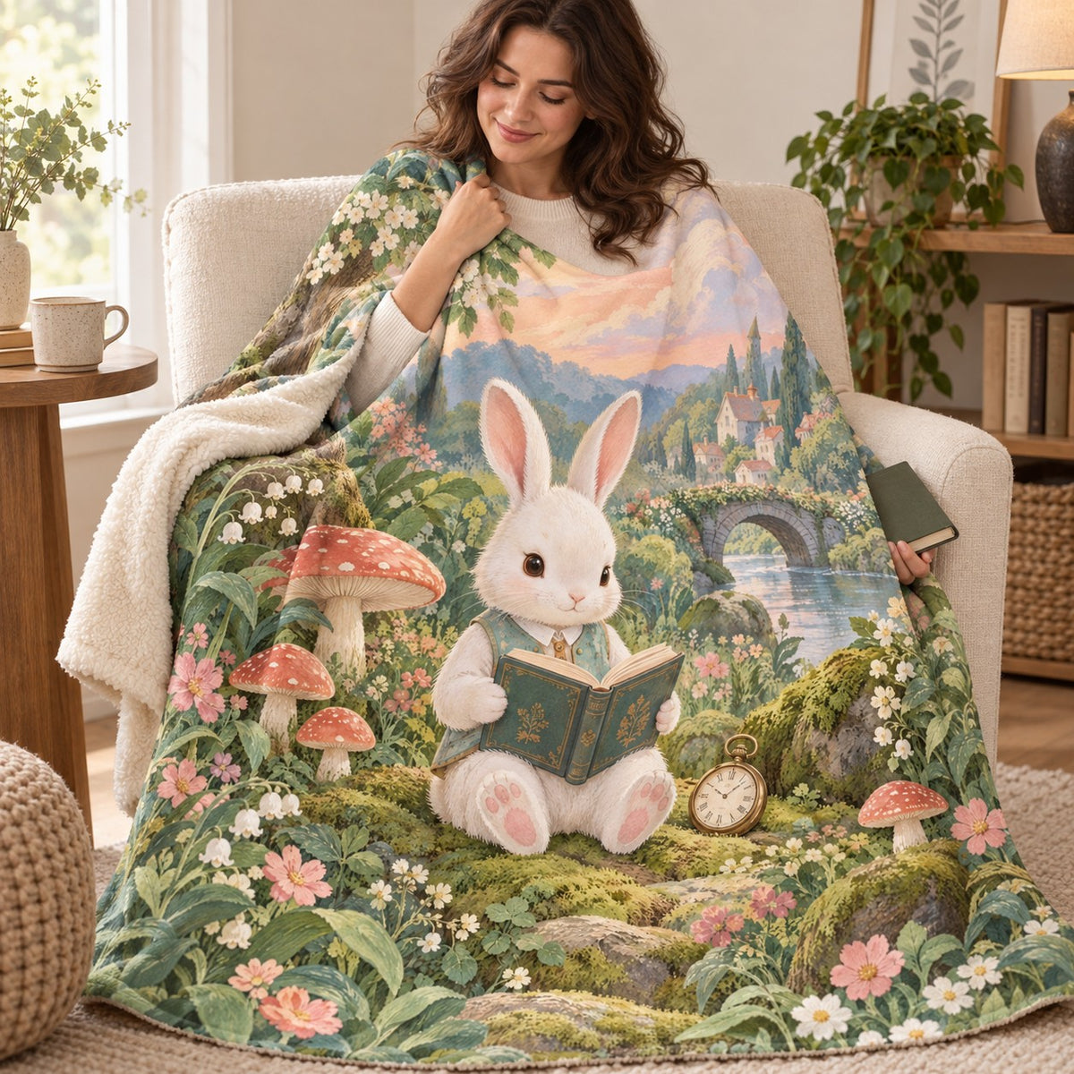 The White Rabbit's Reading Break blanket, wrapped around a reader