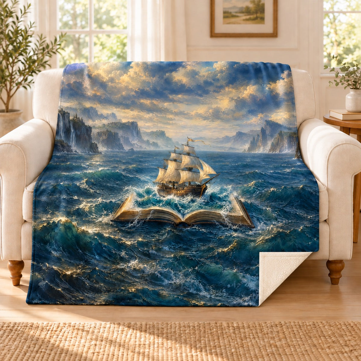 The Bookship blanket, on a sofa