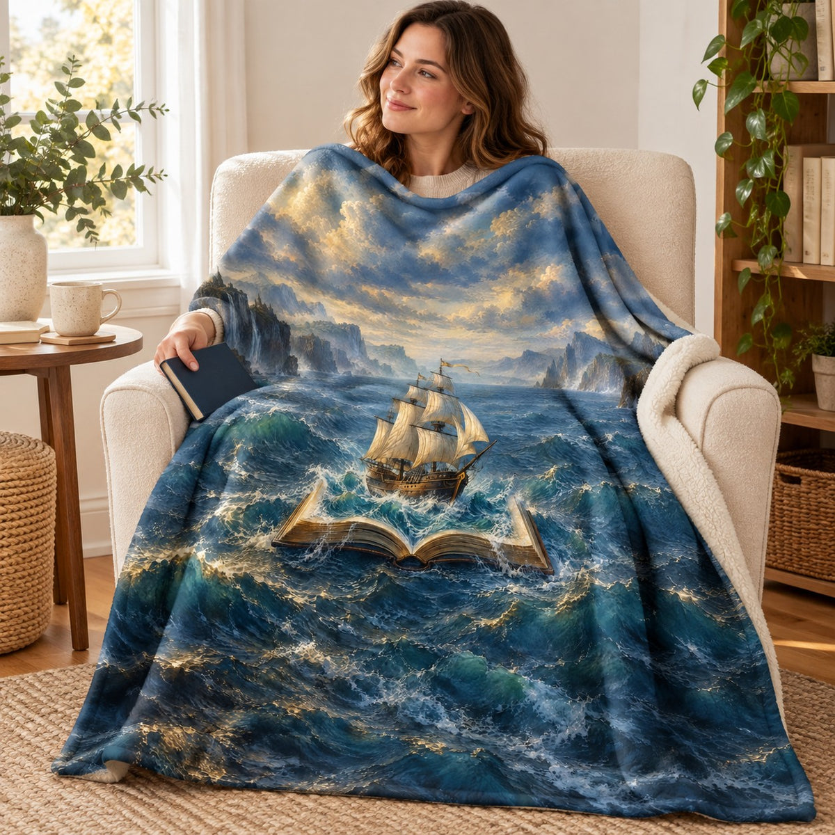 The Bookship blanket, wrapped around a reader