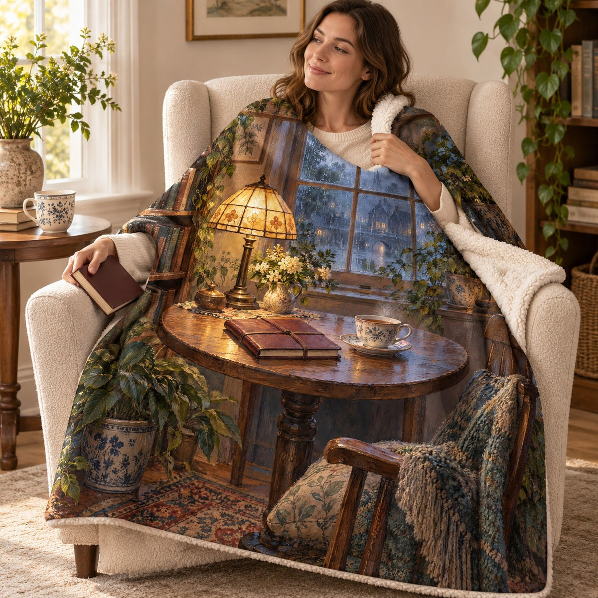 Rain and Rhyme blanket, wrapped around a reader