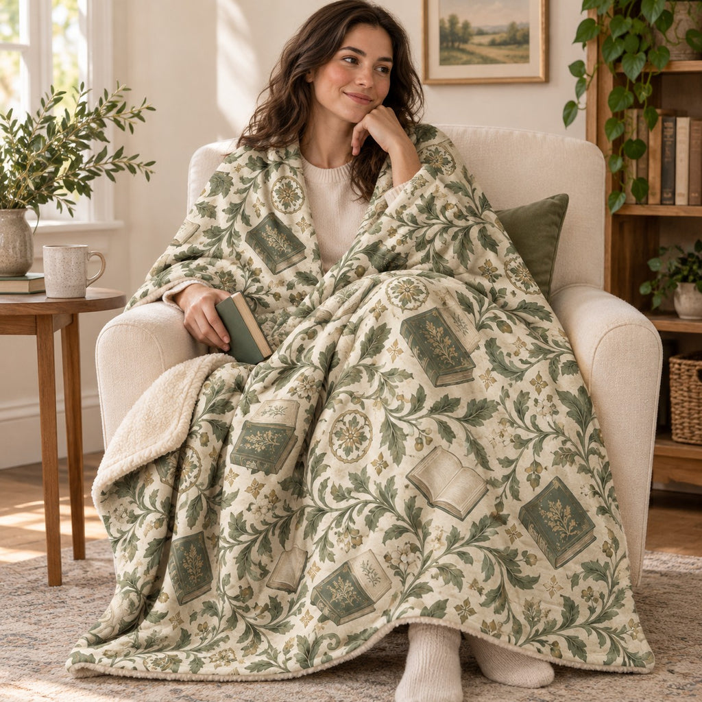 Sage Endpapers blanket, wrapped around a reader