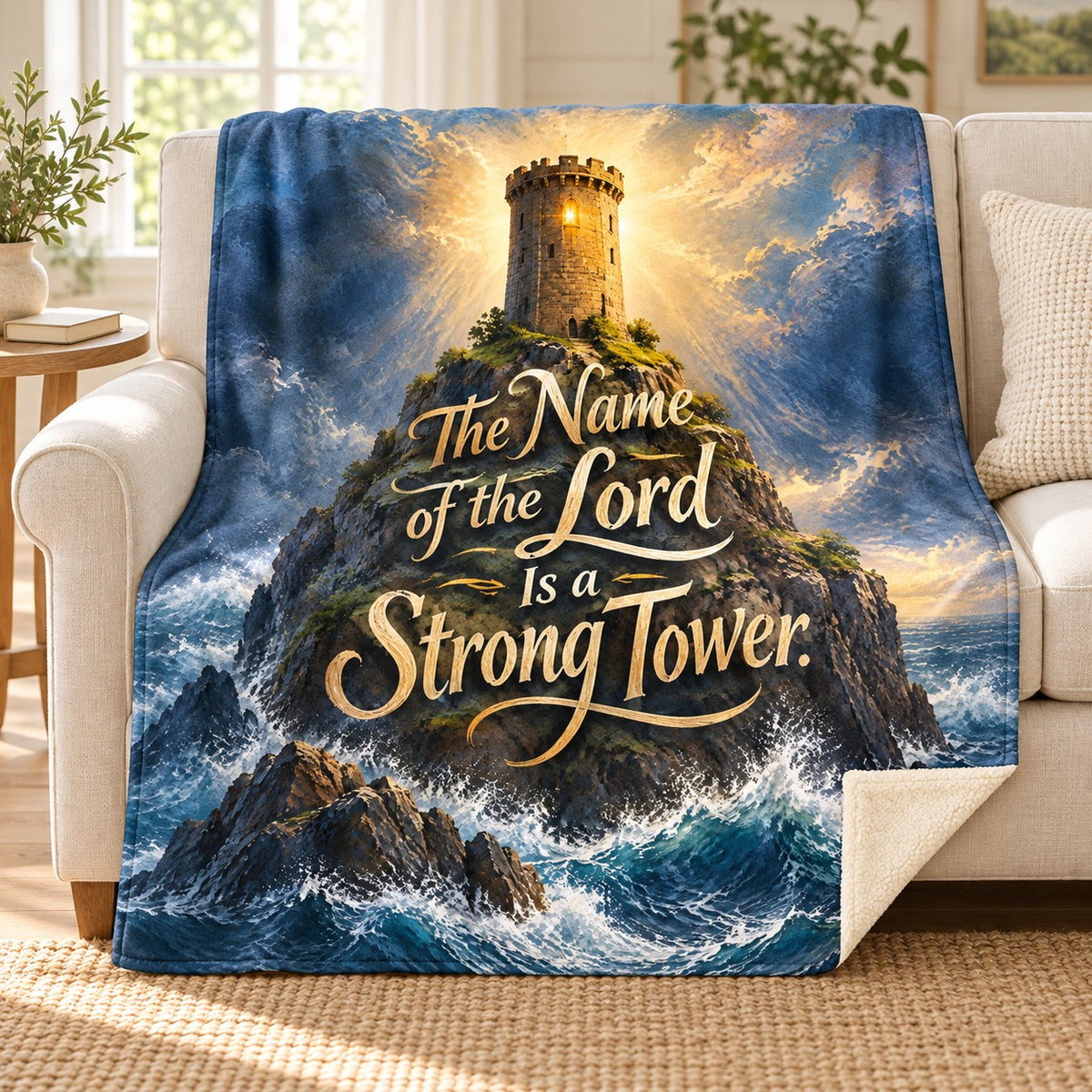 The Name of the Lord Is a Strong Tower. blanket, on a sofa
