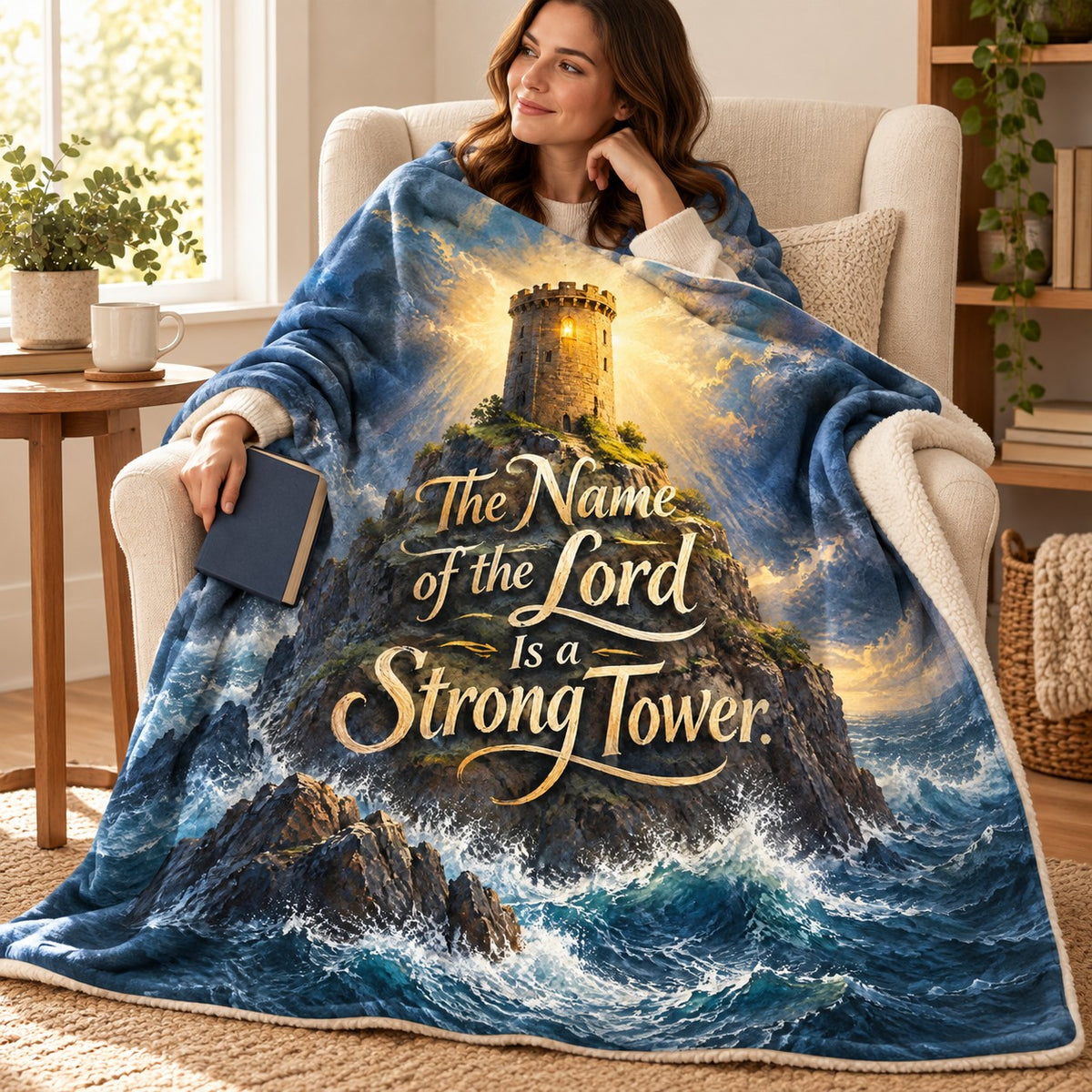 The Name of the Lord Is a Strong Tower. blanket, wrapped around a reader