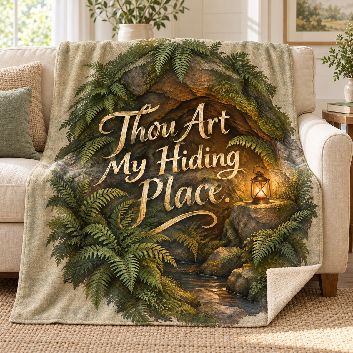 Thou Art My Hiding Place. blanket, on a sofa