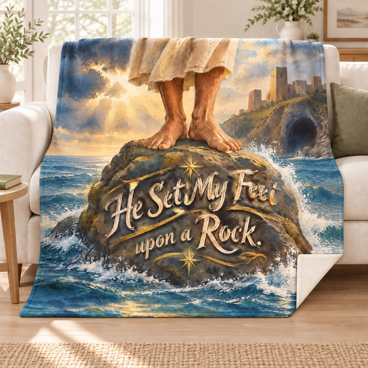 He Set My Feet upon a Rock. blanket, on a sofa