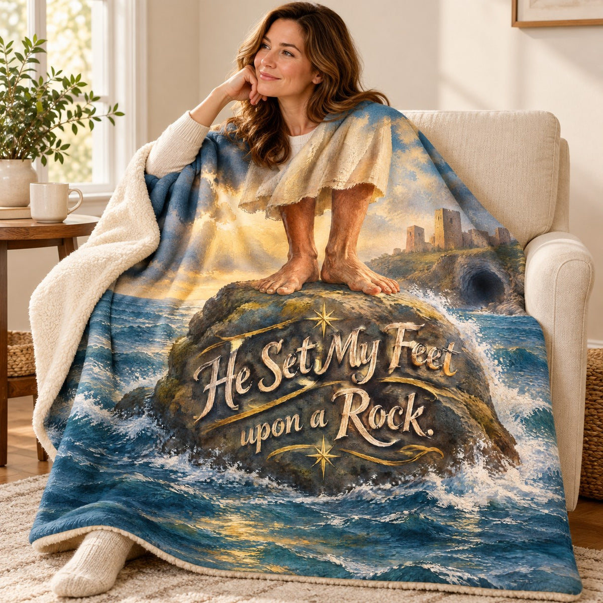 He Set My Feet upon a Rock. blanket, wrapped around a reader