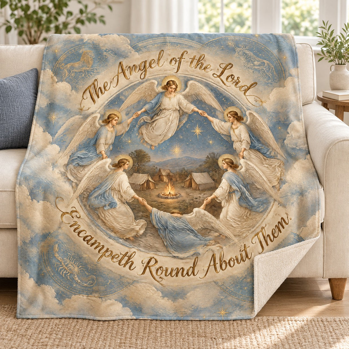 The Angel of the Lord Encampeth Round About Them. blanket, on a sofa