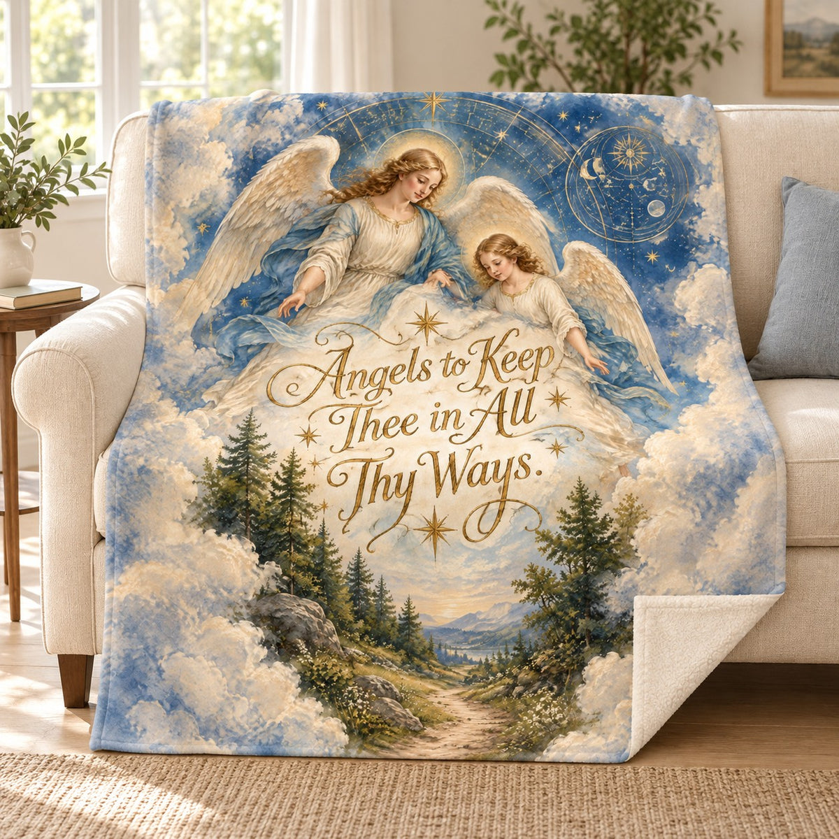 Angels to Keep Thee in All Thy Ways. blanket, on a sofa