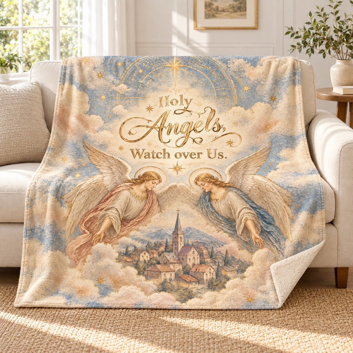 Holy Angels, Watch over Us. blanket, on a sofa