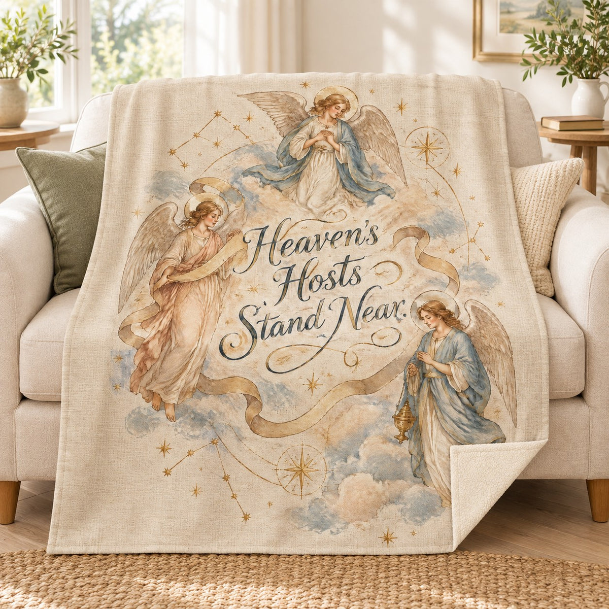 Heaven's Hosts Stand Near. blanket, on a sofa