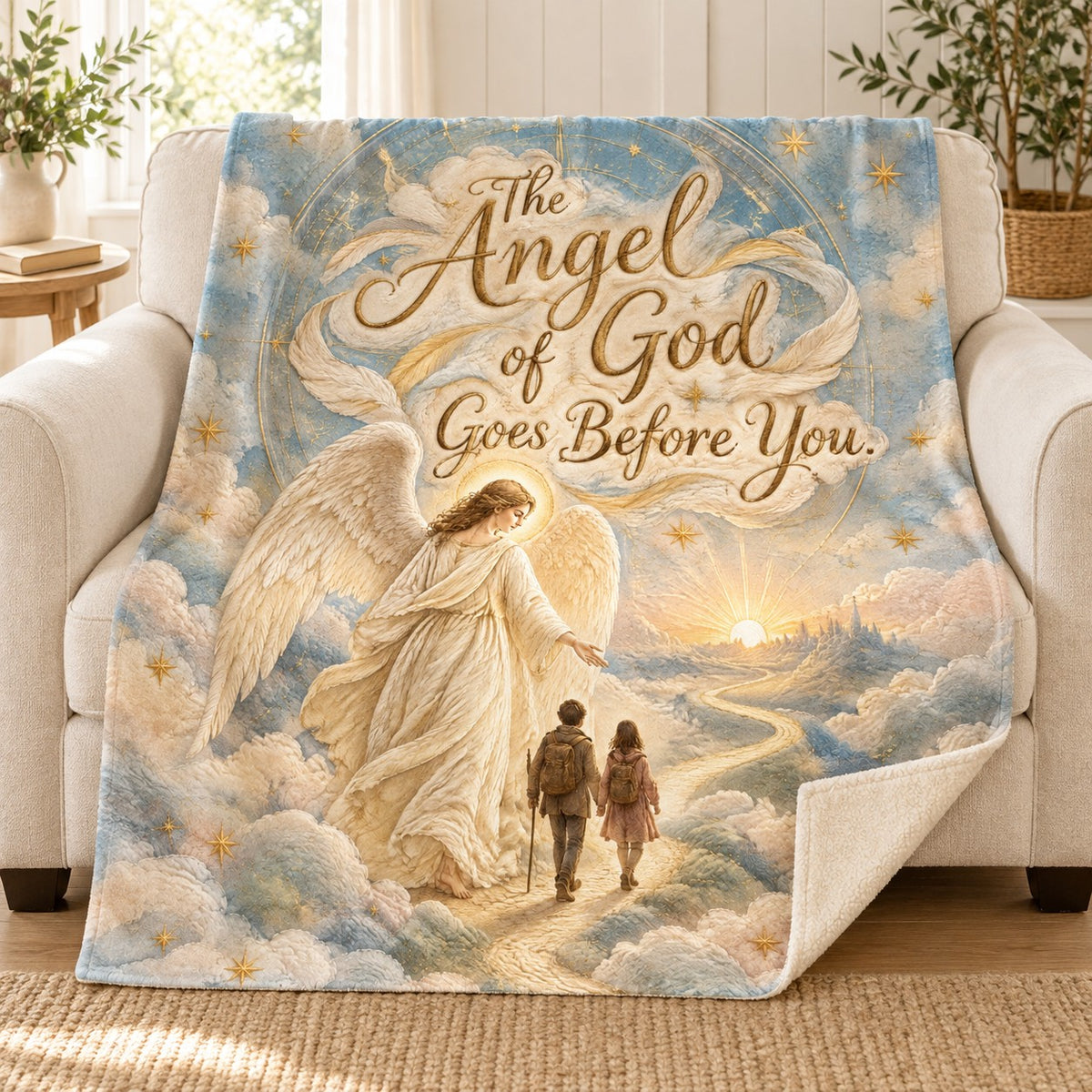 The Angel of God Goes Before You. blanket, on a sofa