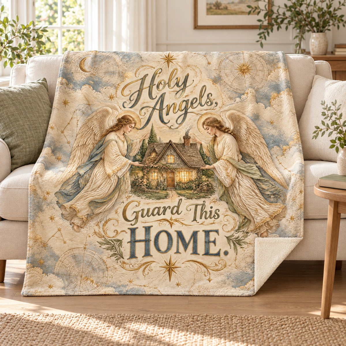 Holy Angels, Guard This Home. blanket, on a sofa