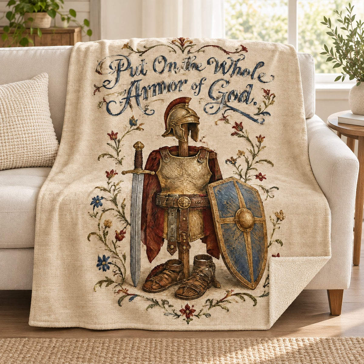 Put On the Whole Armor of God. blanket, on a sofa