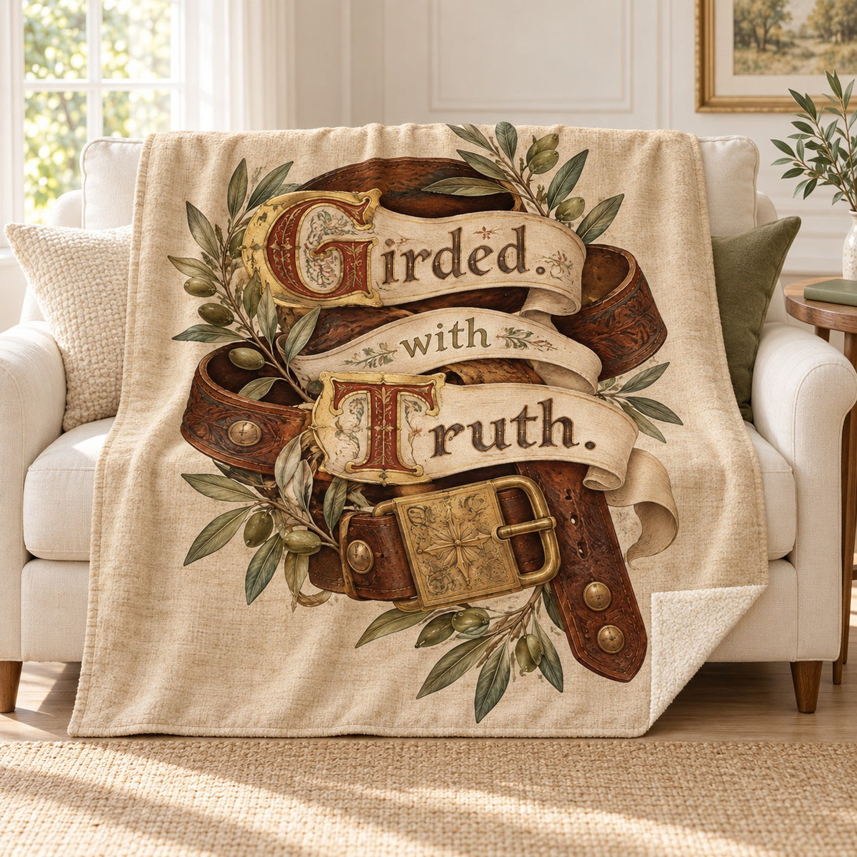 Girded with Truth. blanket, on a sofa