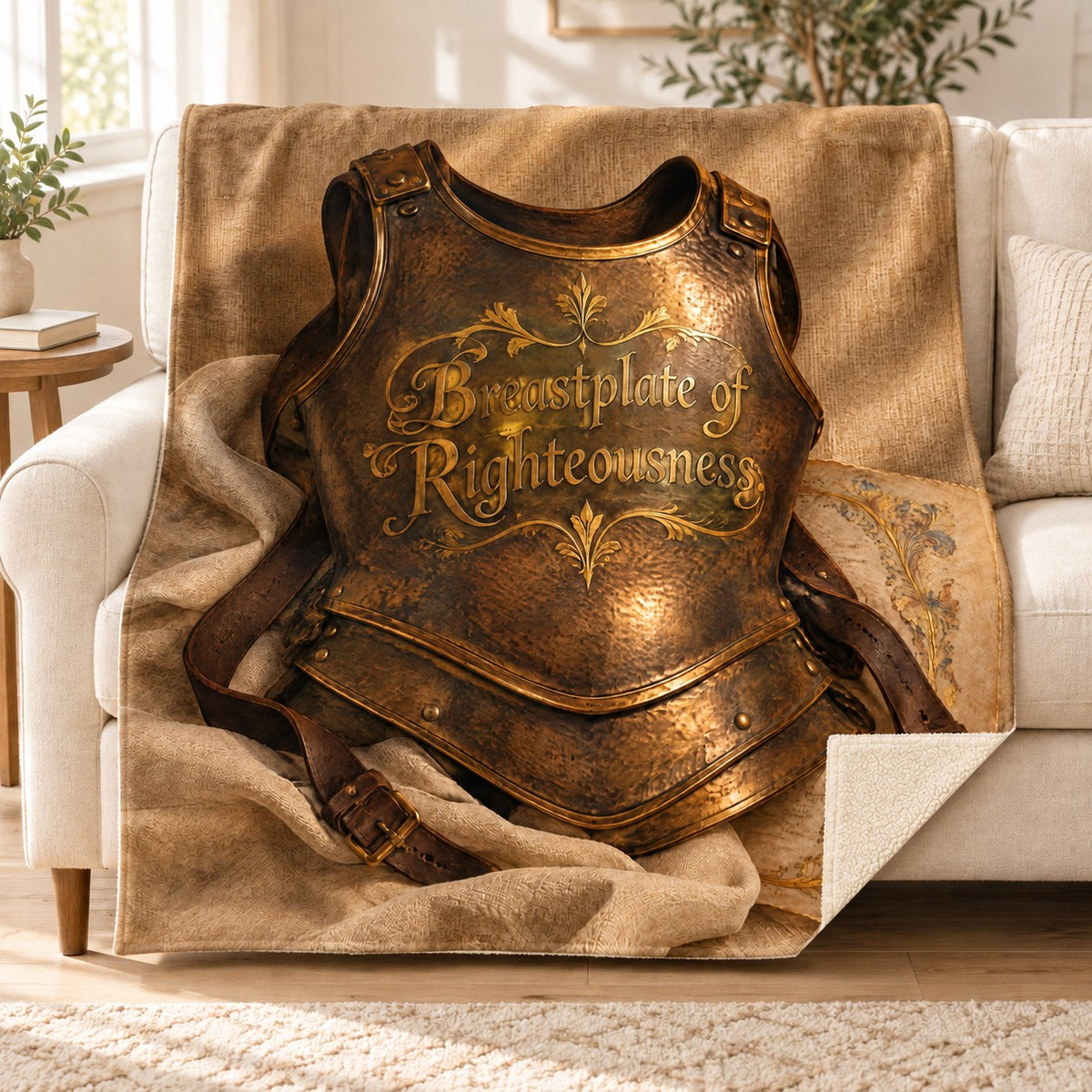 Breastplate of Righteousness. blanket, on a sofa