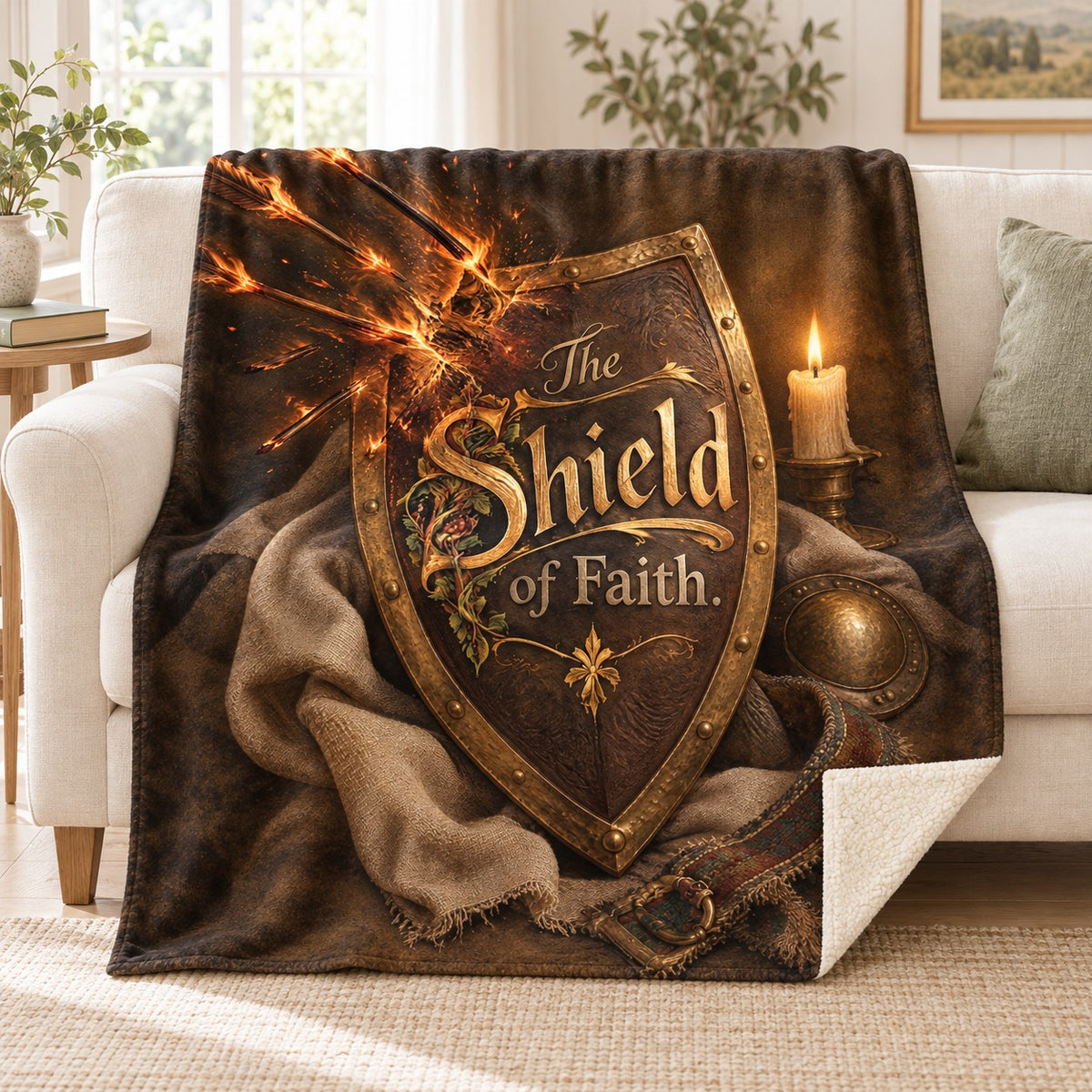 The Shield of Faith. blanket, on a sofa