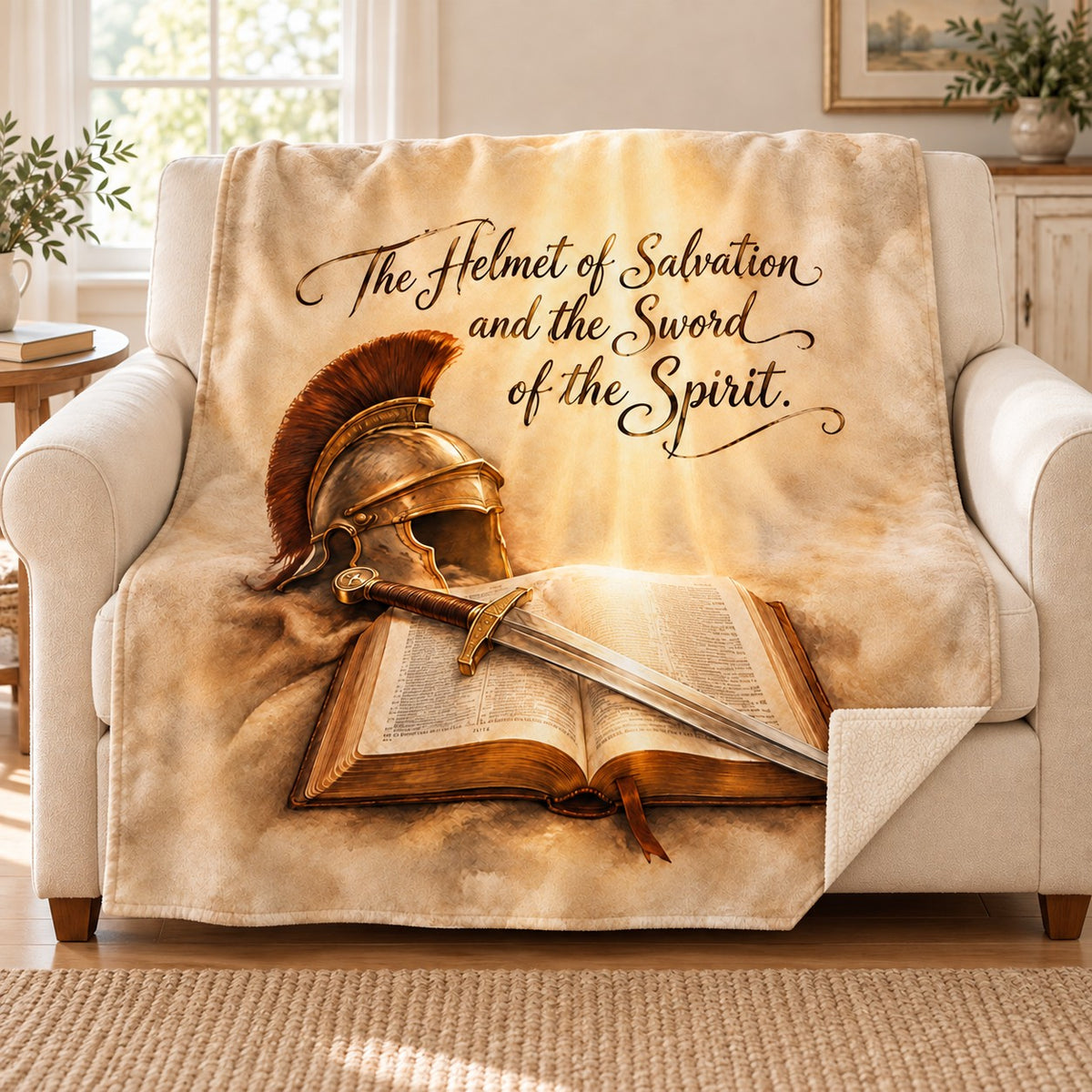 The Helmet of Salvation and the Sword of the Spirit. blanket, on a sofa