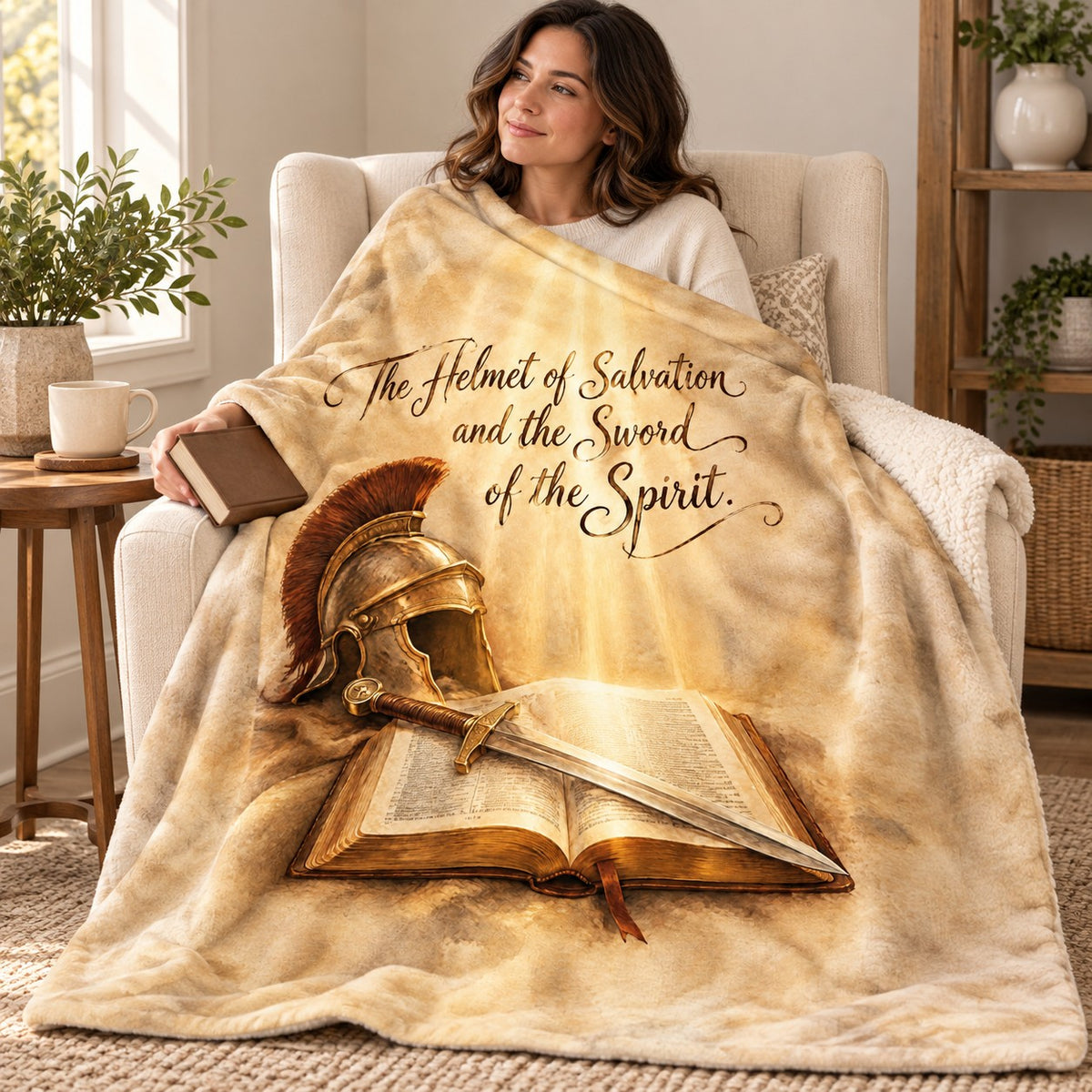 The Helmet of Salvation and the Sword of the Spirit. blanket, wrapped around a reader