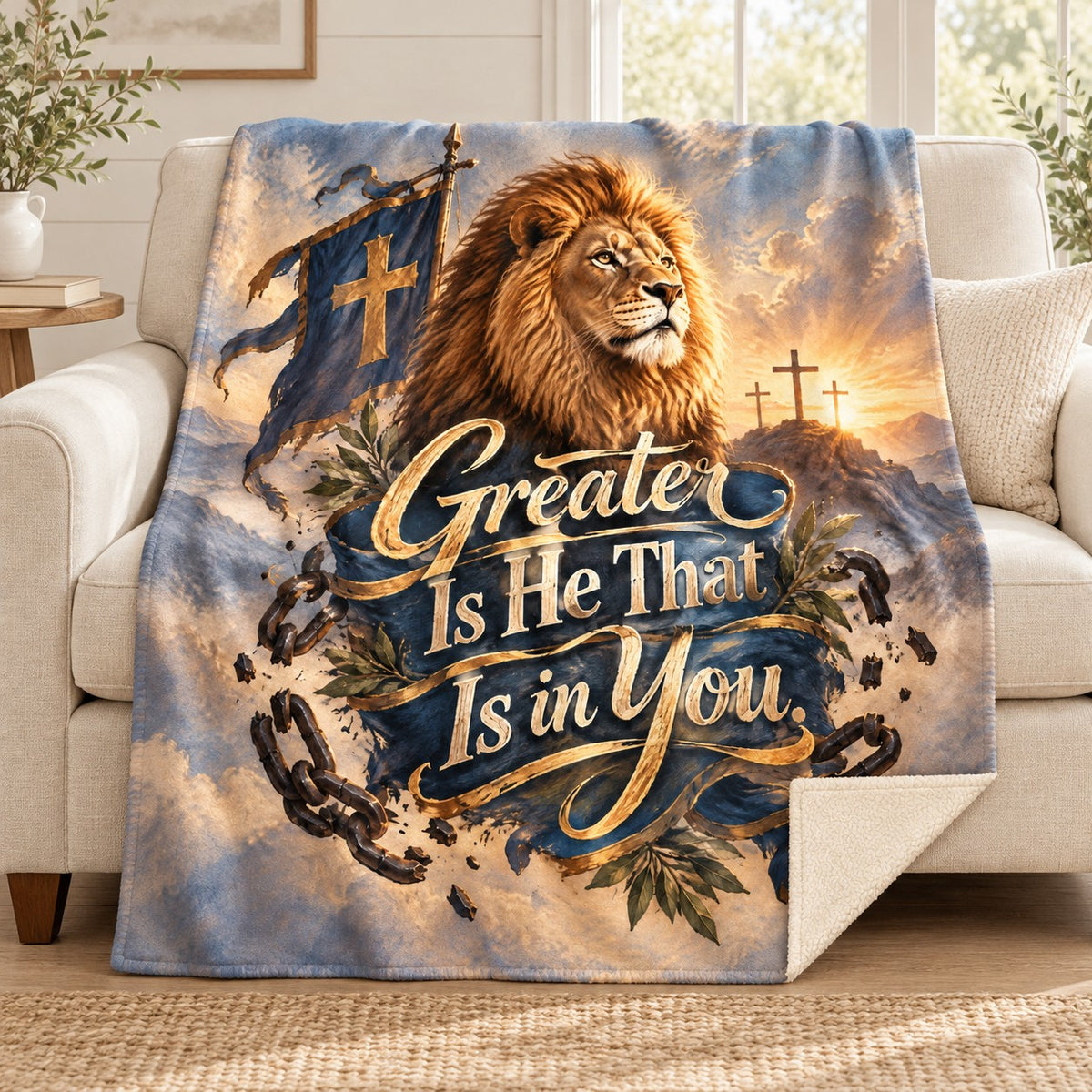 Greater Is He That Is in You. blanket, on a sofa