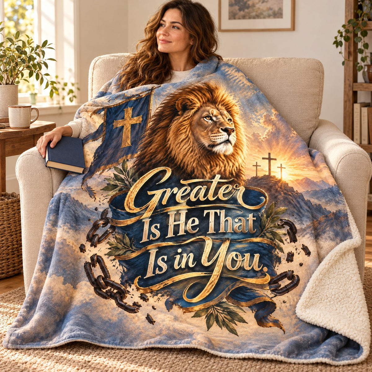 Greater Is He That Is in You. blanket, wrapped around a reader