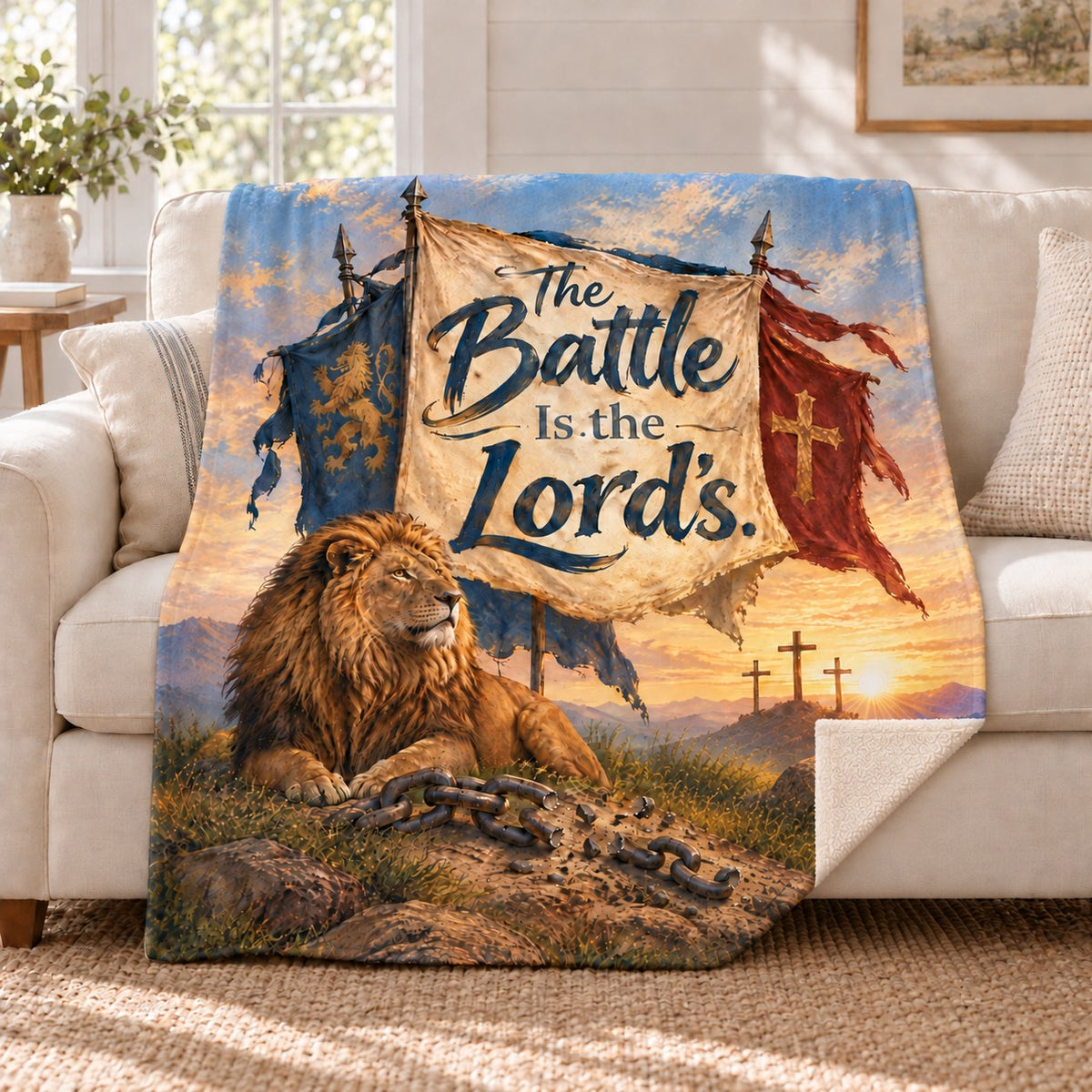The Battle Is the Lord's. blanket, on a sofa