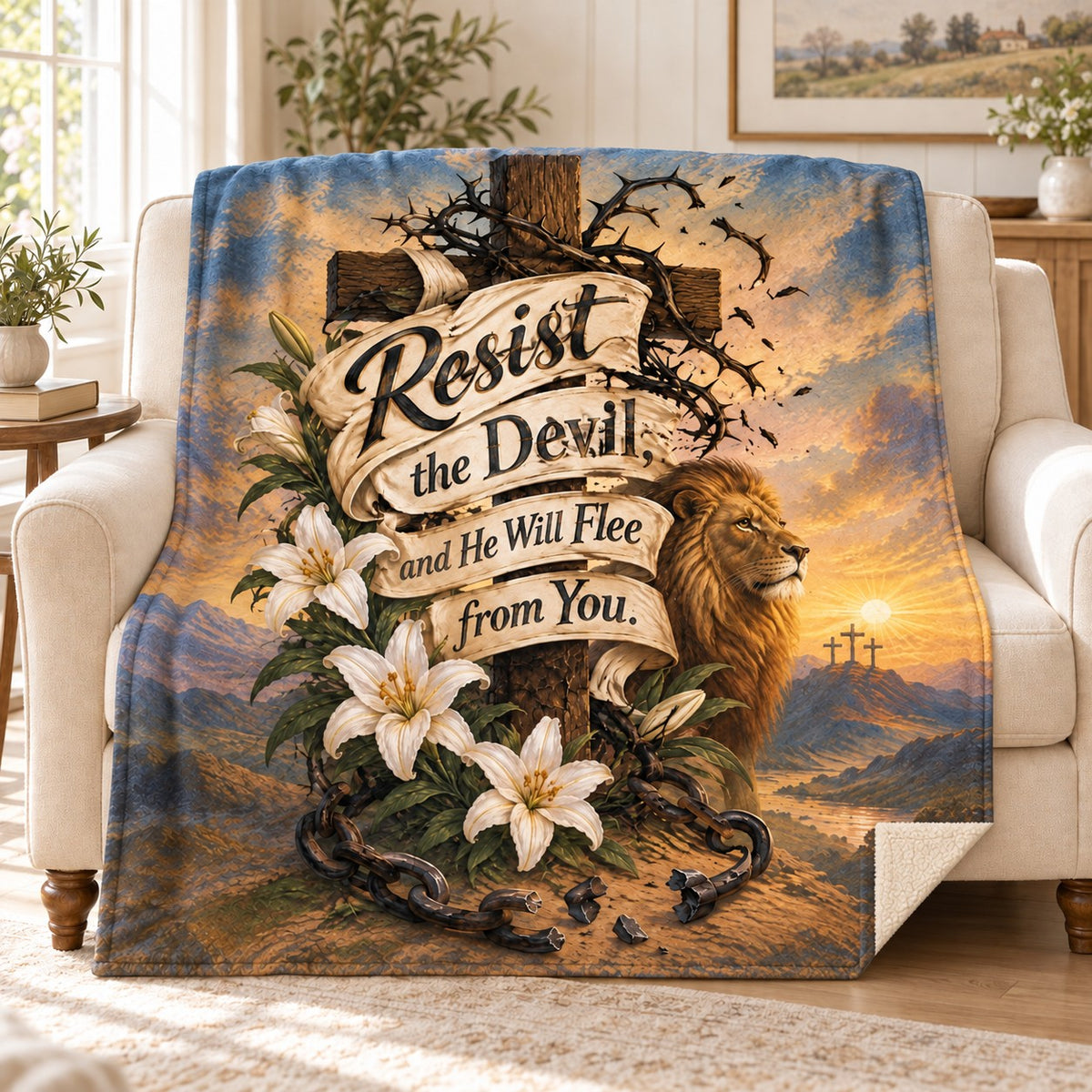 Resist the Devil, and He Will Flee from You. blanket, on a sofa
