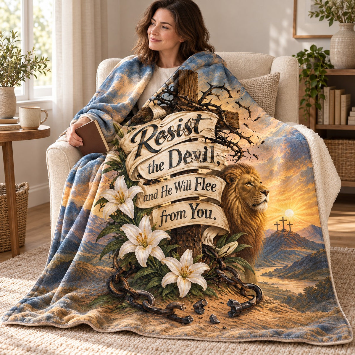 Resist the Devil, and He Will Flee from You. blanket, wrapped around a reader