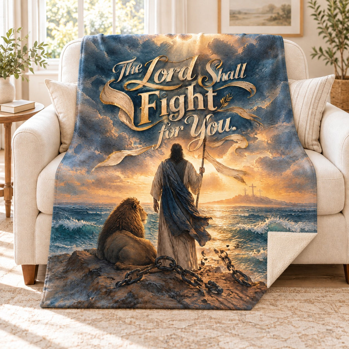 The Lord Shall Fight for You. blanket, on a sofa