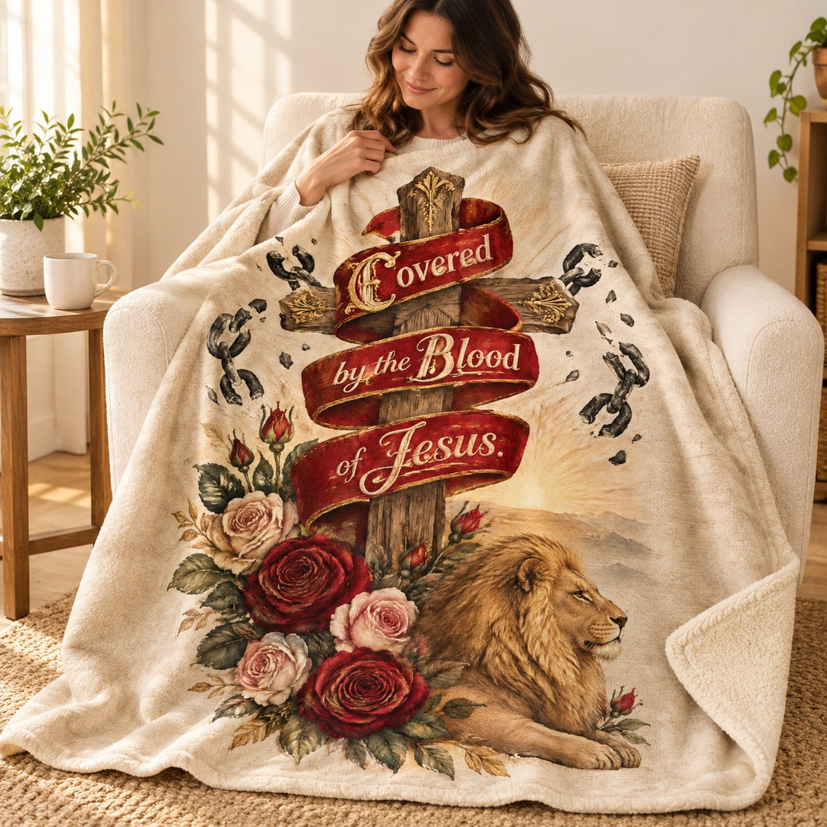 Covered by the Blood of Jesus. blanket, wrapped around a reader
