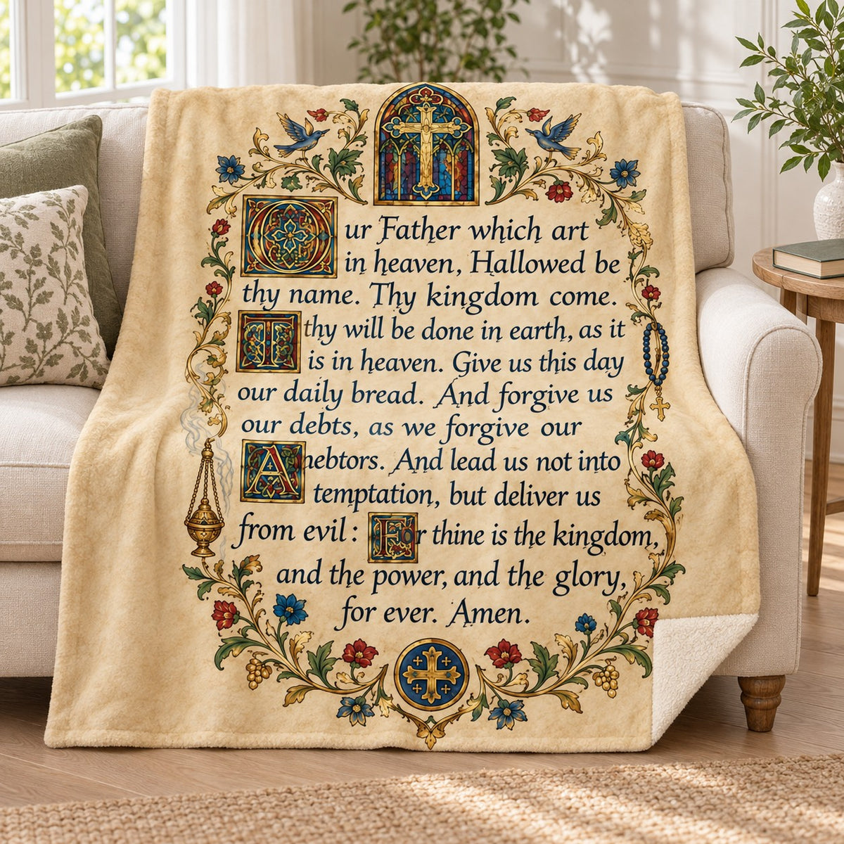 Our Father Which Art in Heaven blanket, on a sofa