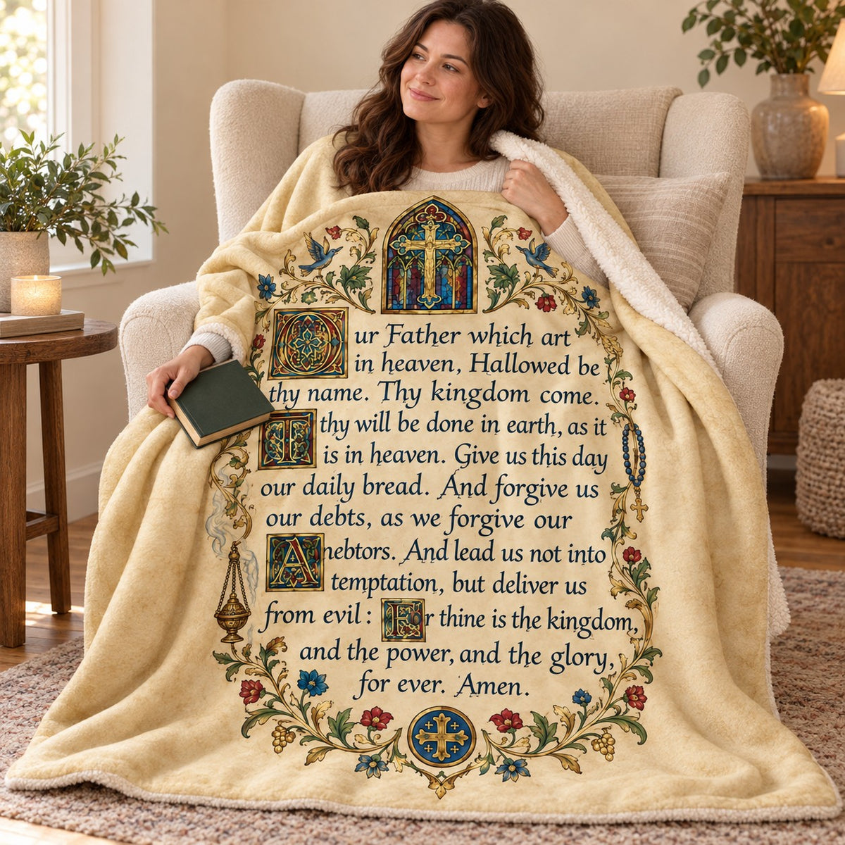 Our Father Which Art in Heaven blanket, wrapped around a reader