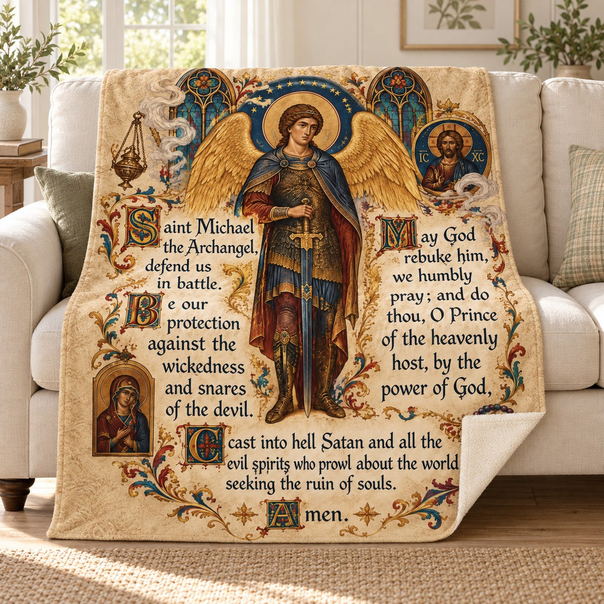 Saint Michael the Archangel, Defend Us in Battle blanket, on a sofa