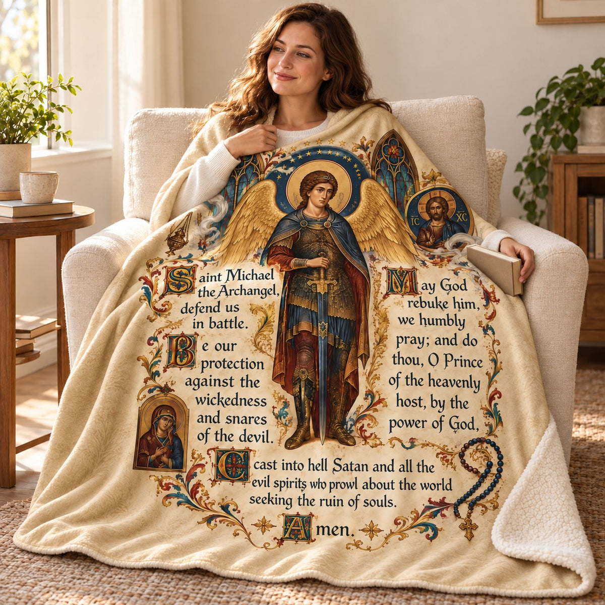 Saint Michael the Archangel, Defend Us in Battle blanket, wrapped around a reader