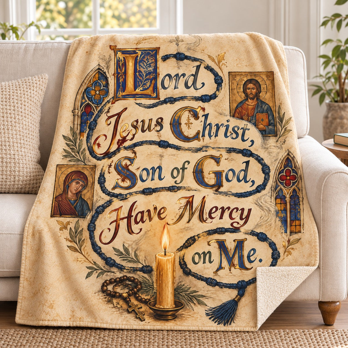 Lord Jesus Christ, Son of God, Have Mercy on Me. blanket, on a sofa