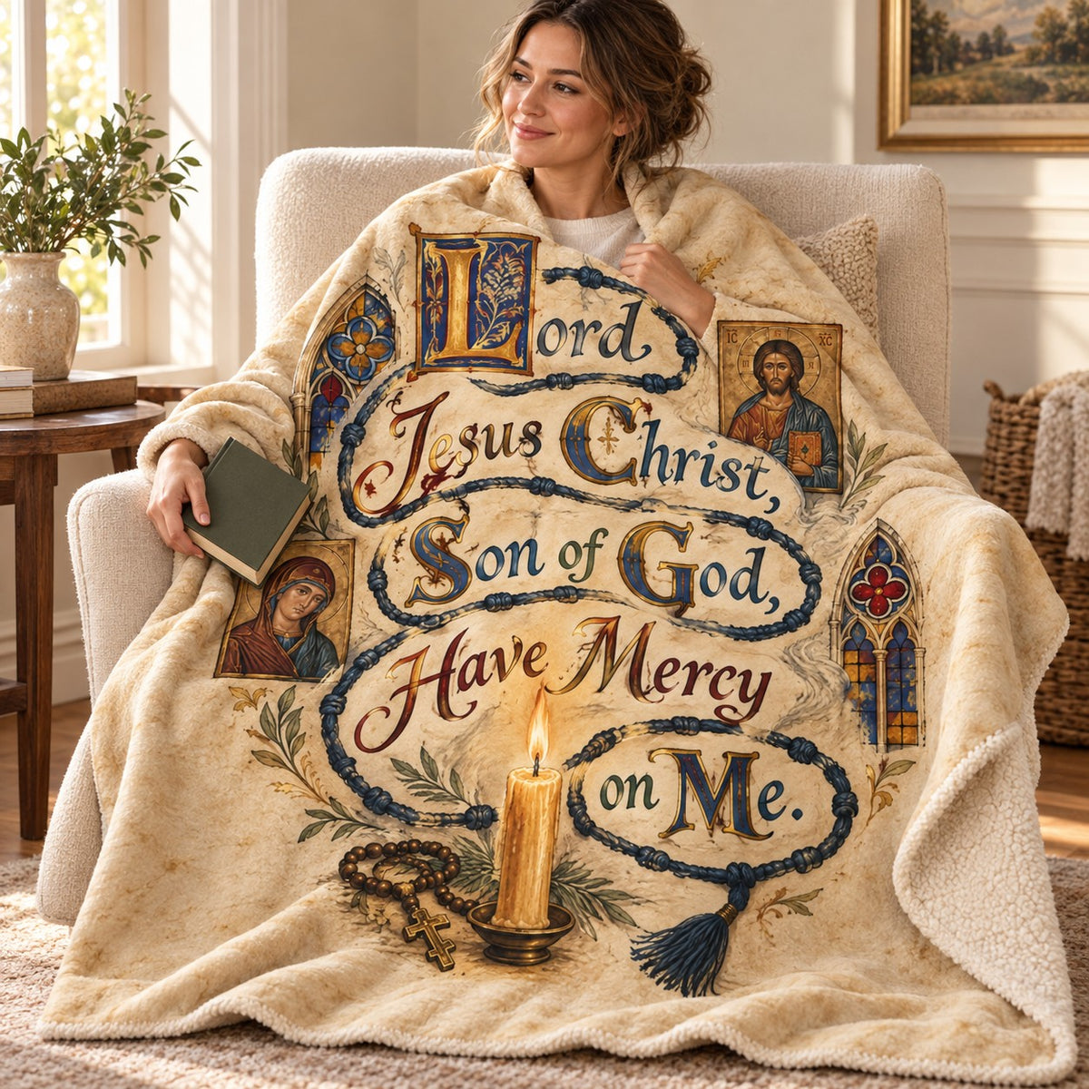 Lord Jesus Christ, Son of God, Have Mercy on Me. blanket, wrapped around a reader