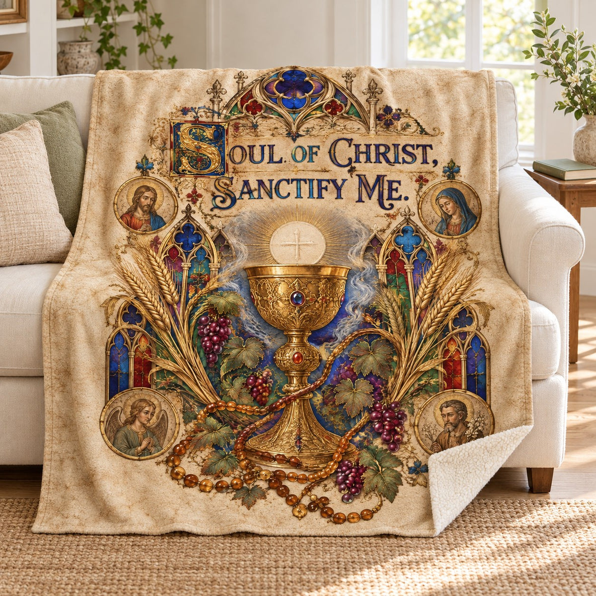 Soul of Christ, Sanctify Me. blanket, on a sofa