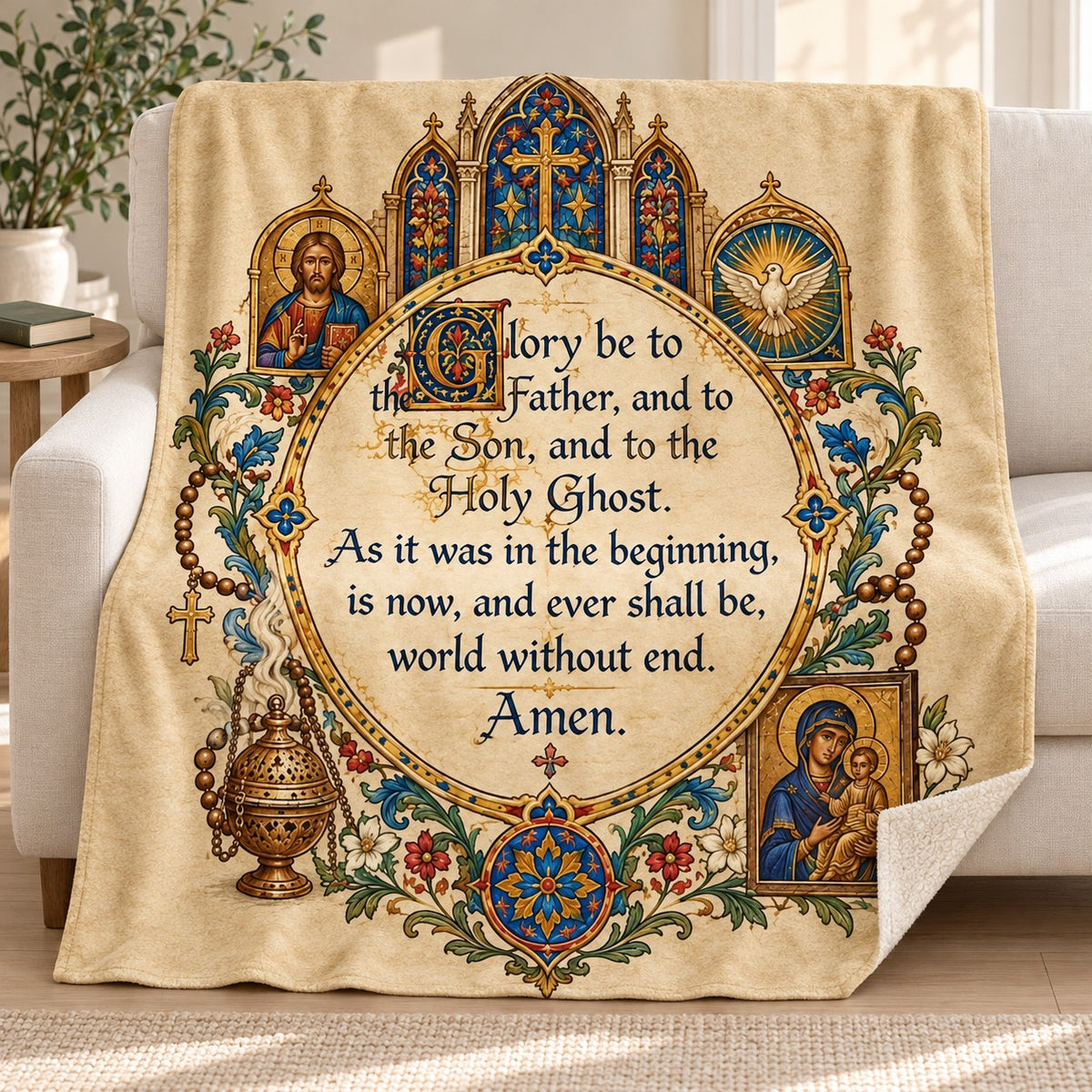 Glory Be to the Father, and to the Son, and to the Holy Ghost blanket, on a sofa