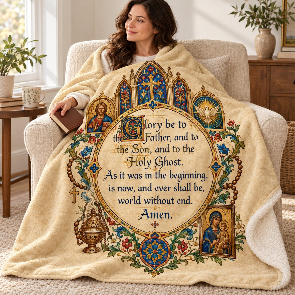 Glory Be to the Father, and to the Son, and to the Holy Ghost blanket, wrapped around a reader
