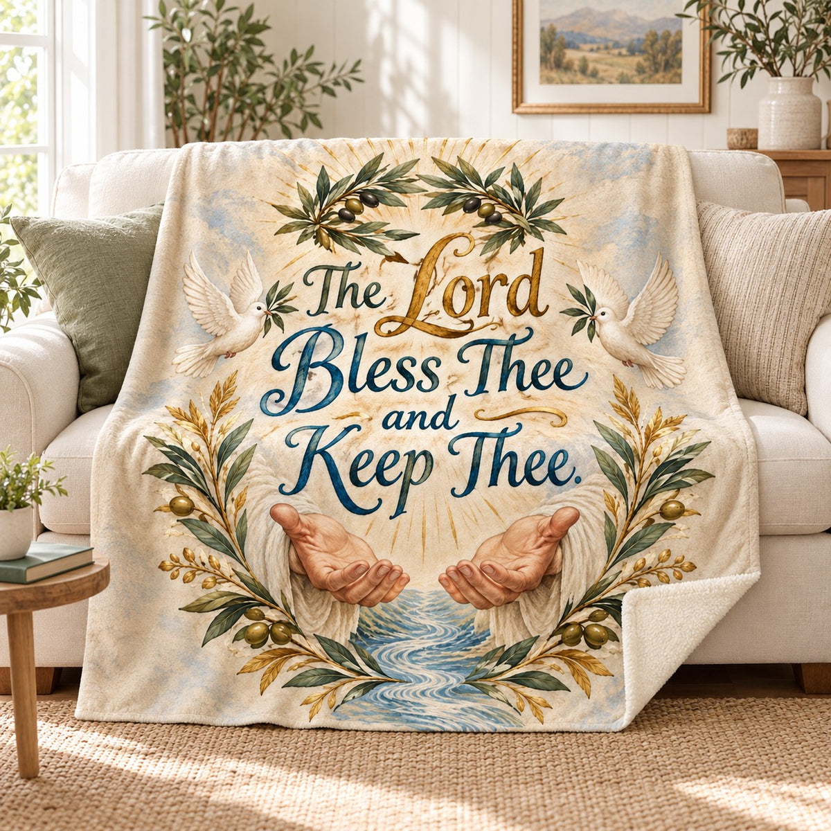 The Lord Bless Thee and Keep Thee. blanket, on a sofa