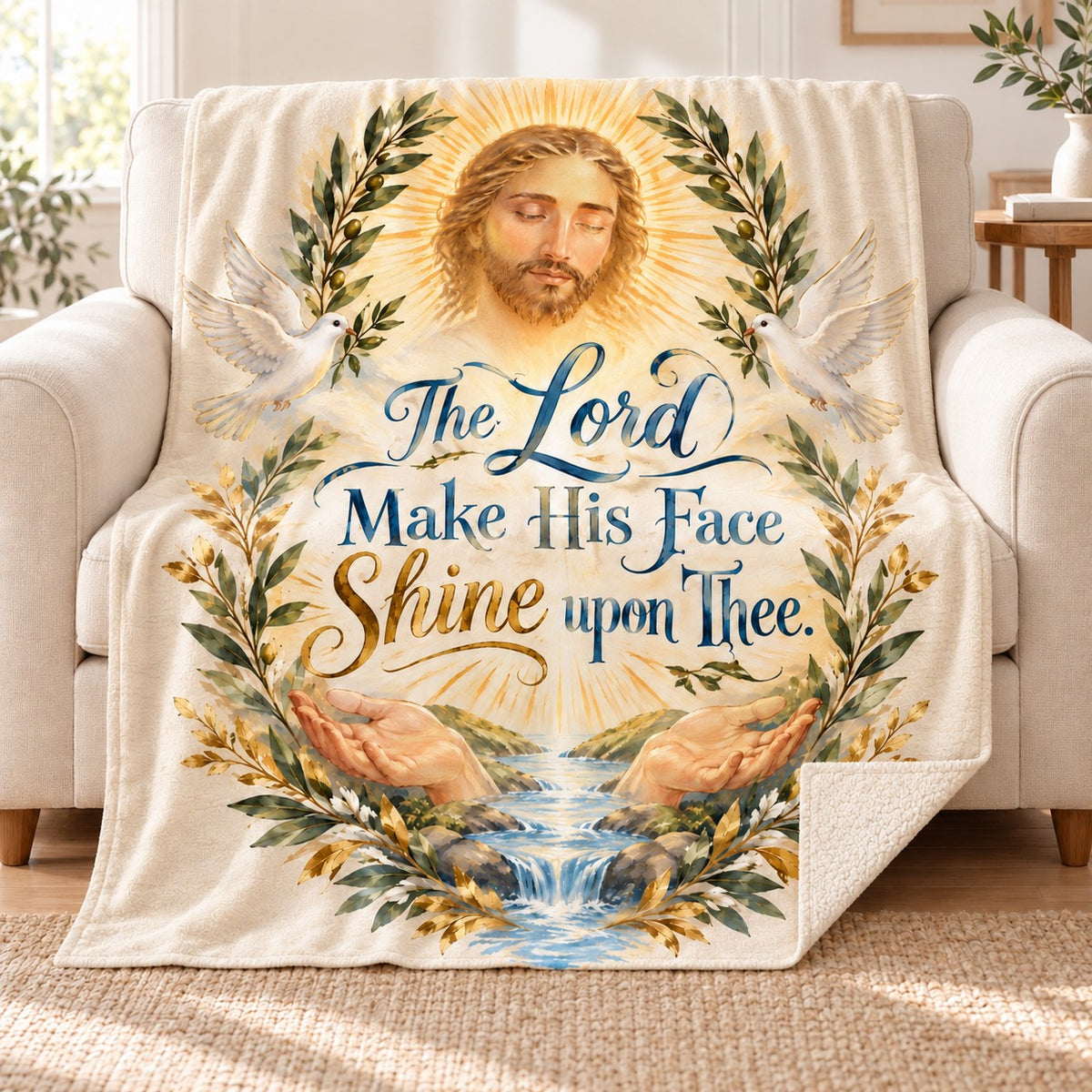 The Lord Make His Face Shine upon Thee. blanket, on a sofa