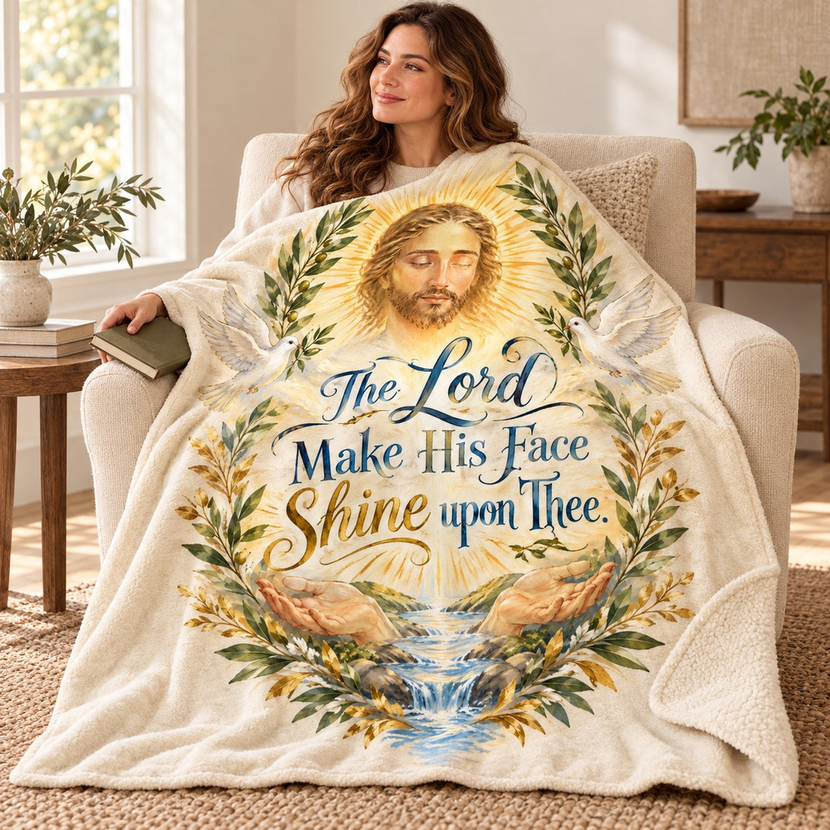 The Lord Make His Face Shine upon Thee. blanket, wrapped around a reader