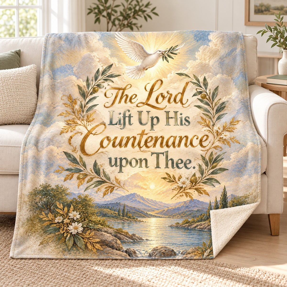 The Lord Lift Up His Countenance upon Thee. blanket, on a sofa