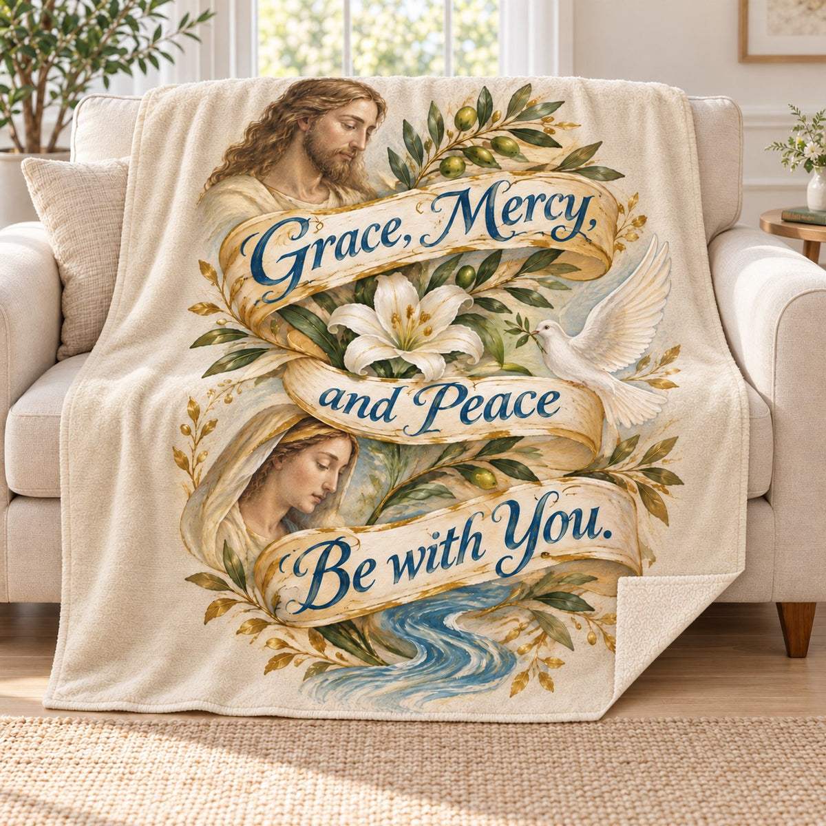 Grace, Mercy, and Peace Be with You. blanket, on a sofa