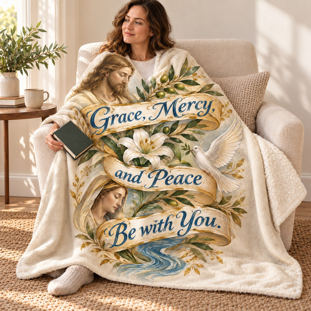Grace, Mercy, and Peace Be with You. blanket, wrapped around a reader